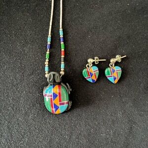 Natural stone inlaid turtle necklace and matching heart earrings.